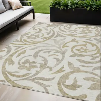 5' X 8' Ivory Beige And Taupe Floral Washable Indoor Outdoor Area Rug