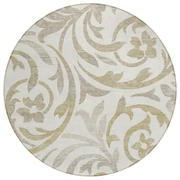 8' Ivory Beige And Taupe Round Floral Washable Indoor Outdoor Area Rug