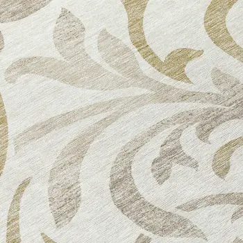8' Ivory Beige And Taupe Round Floral Washable Indoor Outdoor Area Rug