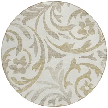 8' Ivory Beige And Taupe Round Floral Washable Indoor Outdoor Area Rug