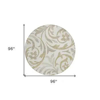 8' Ivory Beige And Taupe Round Floral Washable Indoor Outdoor Area Rug