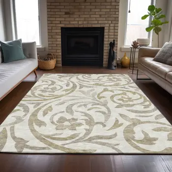 10' X 14' Ivory Beige And Taupe Floral Washable Indoor Outdoor Area Rug
