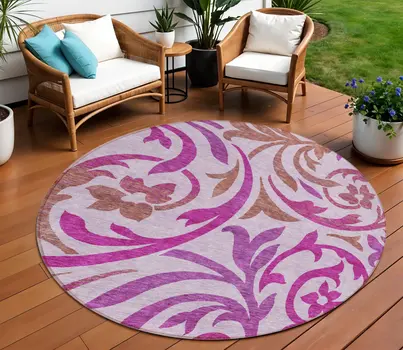 8' Lavender Blush And Purple Round Floral Washable Indoor Outdoor Area Rug