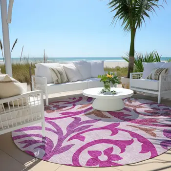 8' Lavender Blush And Purple Round Floral Washable Indoor Outdoor Area Rug