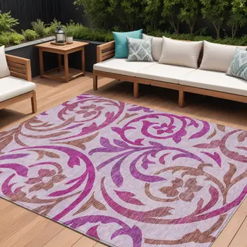8' X 10' Lavender Blush And Purple Floral Washable Indoor Outdoor Area Rug