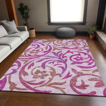8' X 10' Lavender Blush And Purple Floral Washable Indoor Outdoor Area Rug