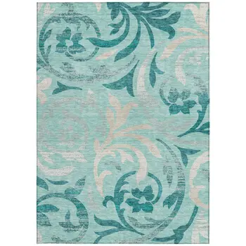 5' X 8' Teal Blue Aqua And Beige Floral Washable Indoor Outdoor Area Rug