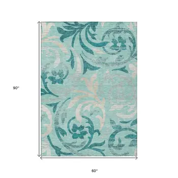 5' X 8' Teal Blue Aqua And Beige Floral Washable Indoor Outdoor Area Rug