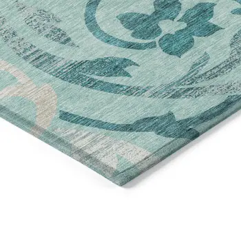 5' X 8' Teal Blue Aqua And Beige Floral Washable Indoor Outdoor Area Rug