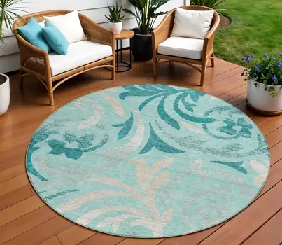 8' Teal Blue Aqua And Beige Round Floral Washable Indoor Outdoor Area Rug