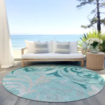 8' Teal Blue Aqua And Beige Round Floral Washable Indoor Outdoor Area Rug
