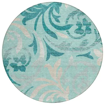 8' Teal Blue Aqua And Beige Round Floral Washable Indoor Outdoor Area Rug
