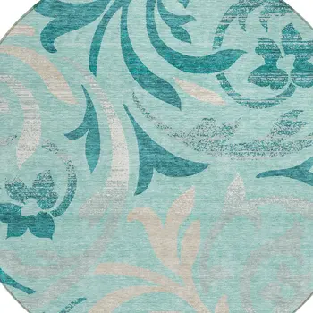 8' Teal Blue Aqua And Beige Round Floral Washable Indoor Outdoor Area Rug