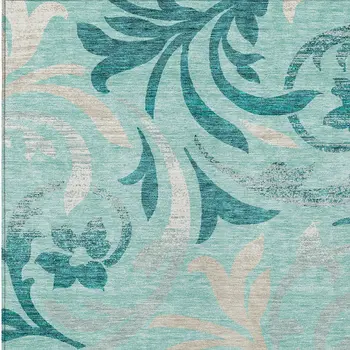 9' X 12' Teal Blue Aqua And Beige Floral Washable Indoor Outdoor Area Rug