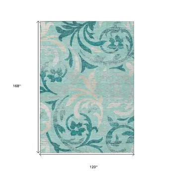 10' X 14' Teal Blue Aqua And Beige Floral Washable Indoor Outdoor Area Rug