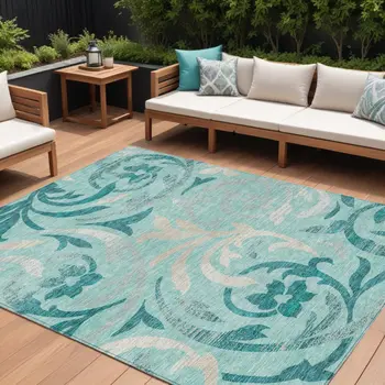 10' X 14' Teal Blue Aqua And Beige Floral Washable Indoor Outdoor Area Rug