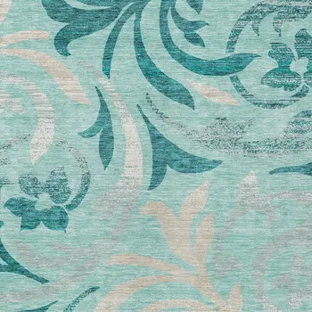 10' X 14' Teal Blue Aqua And Beige Floral Washable Indoor Outdoor Area Rug