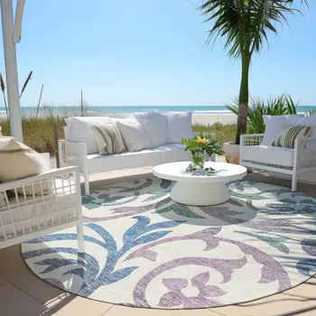 8' White Purple And Sage Round Floral Washable Indoor Outdoor Area Rug