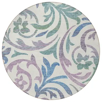 8' White Purple And Sage Round Floral Washable Indoor Outdoor Area Rug
