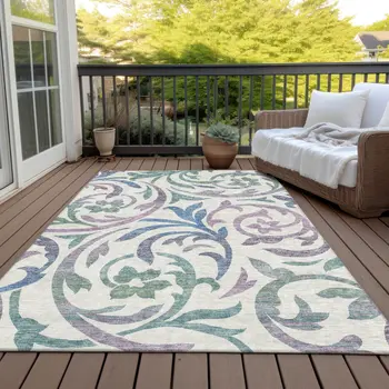 8' X 10' White Purple And Sage Floral Washable Indoor Outdoor Area Rug