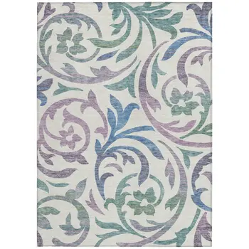 9' X 12' White Purple And Sage Floral Washable Indoor Outdoor Area Rug