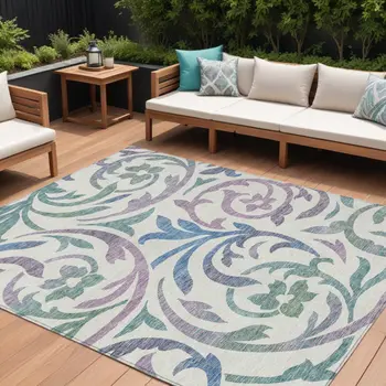 9' X 12' White Purple And Sage Floral Washable Indoor Outdoor Area Rug