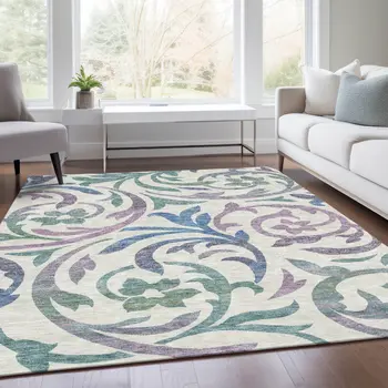 9' X 12' White Purple And Sage Floral Washable Indoor Outdoor Area Rug