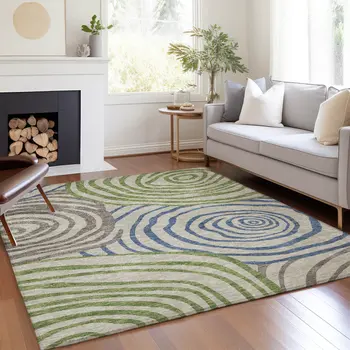3' X 5' Beige Taupe And Green Abstract Washable Indoor Outdoor Area Rug