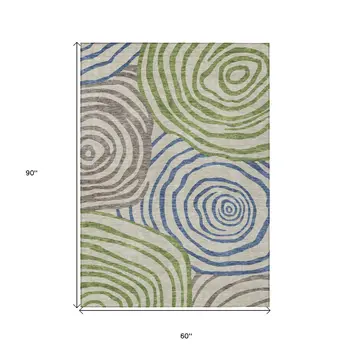 5' X 8' Beige Taupe And Green Abstract Washable Indoor Outdoor Area Rug
