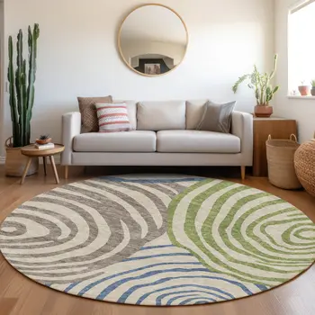 8' Beige Taupe And Green Round Abstract Washable Indoor Outdoor Area Rug