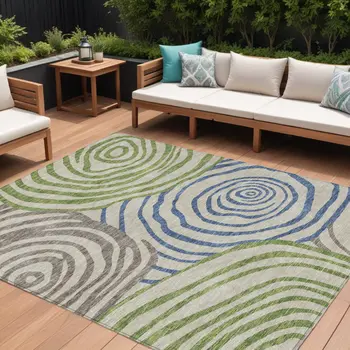 8' X 10' Beige Taupe And Green Abstract Washable Indoor Outdoor Area Rug