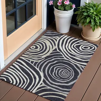 3' X 5' Black Charcoal And Gray Abstract Washable Indoor Outdoor Area Rug