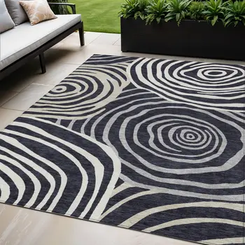 5' X 8' Black Charcoal And Gray Abstract Washable Indoor Outdoor Area Rug