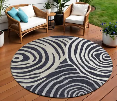 8' Black Charcoal And Gray Round Abstract Washable Indoor Outdoor Area Rug