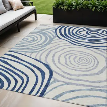 5' X 8' Ivory And Navy Blue Abstract Washable Indoor Outdoor Area Rug