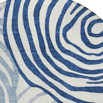 8' Ivory And Navy Blue Round Abstract Washable Indoor Outdoor Area Rug