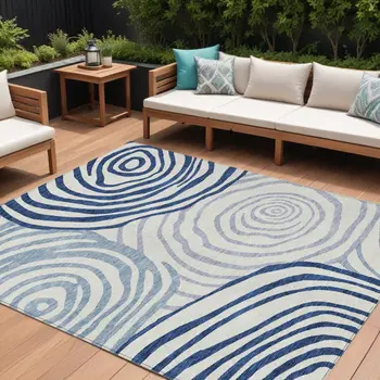 8' X 10' Ivory And Navy Blue Abstract Washable Indoor Outdoor Area Rug