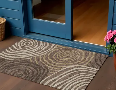 3' X 5' Brown And Taupe Abstract Washable Indoor Outdoor Area Rug