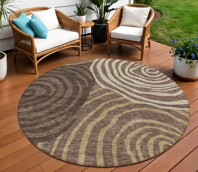 8' Brown And Taupe Round Abstract Washable Indoor Outdoor Area Rug