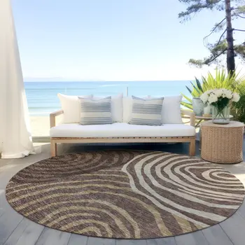 8' Brown And Taupe Round Abstract Washable Indoor Outdoor Area Rug