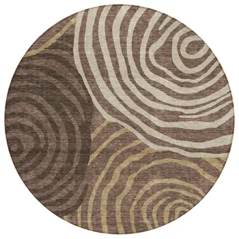 8' Brown And Taupe Round Abstract Washable Indoor Outdoor Area Rug