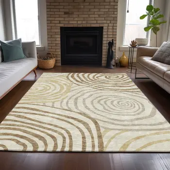 3' X 5' Gold Ivory And Beige Abstract Washable Indoor Outdoor Area Rug