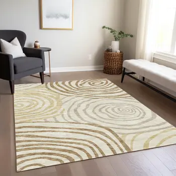 3' X 5' Gold Ivory And Beige Abstract Washable Indoor Outdoor Area Rug