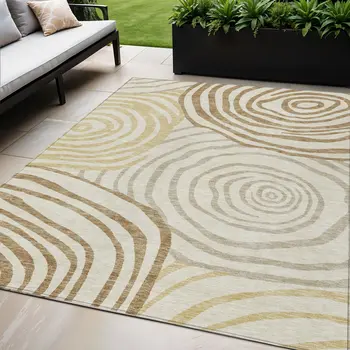5' X 8' Gold Ivory And Beige Abstract Washable Indoor Outdoor Area Rug