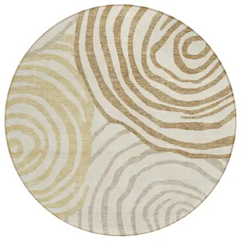8' Gold Ivory And Beige Round Abstract Washable Indoor Outdoor Area Rug