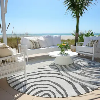 8' Gray Charcoal And Silver Round Abstract Washable Indoor Outdoor Area Rug