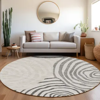 8' Gray Charcoal And Silver Round Abstract Washable Indoor Outdoor Area Rug