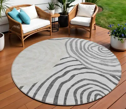 8' Gray Charcoal And Silver Round Abstract Washable Indoor Outdoor Area Rug