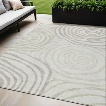 5' X 8' Ivory Beige And Khaki Abstract Washable Indoor Outdoor Area Rug