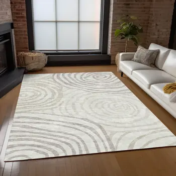 5' X 8' Ivory Beige And Khaki Abstract Washable Indoor Outdoor Area Rug